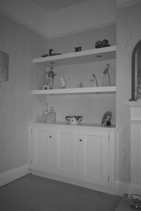 Alcove Cabinet and Floating Book-Shelves with Down-lighters. Enlargement 2. Two pictures (Total = 1.2 MB)